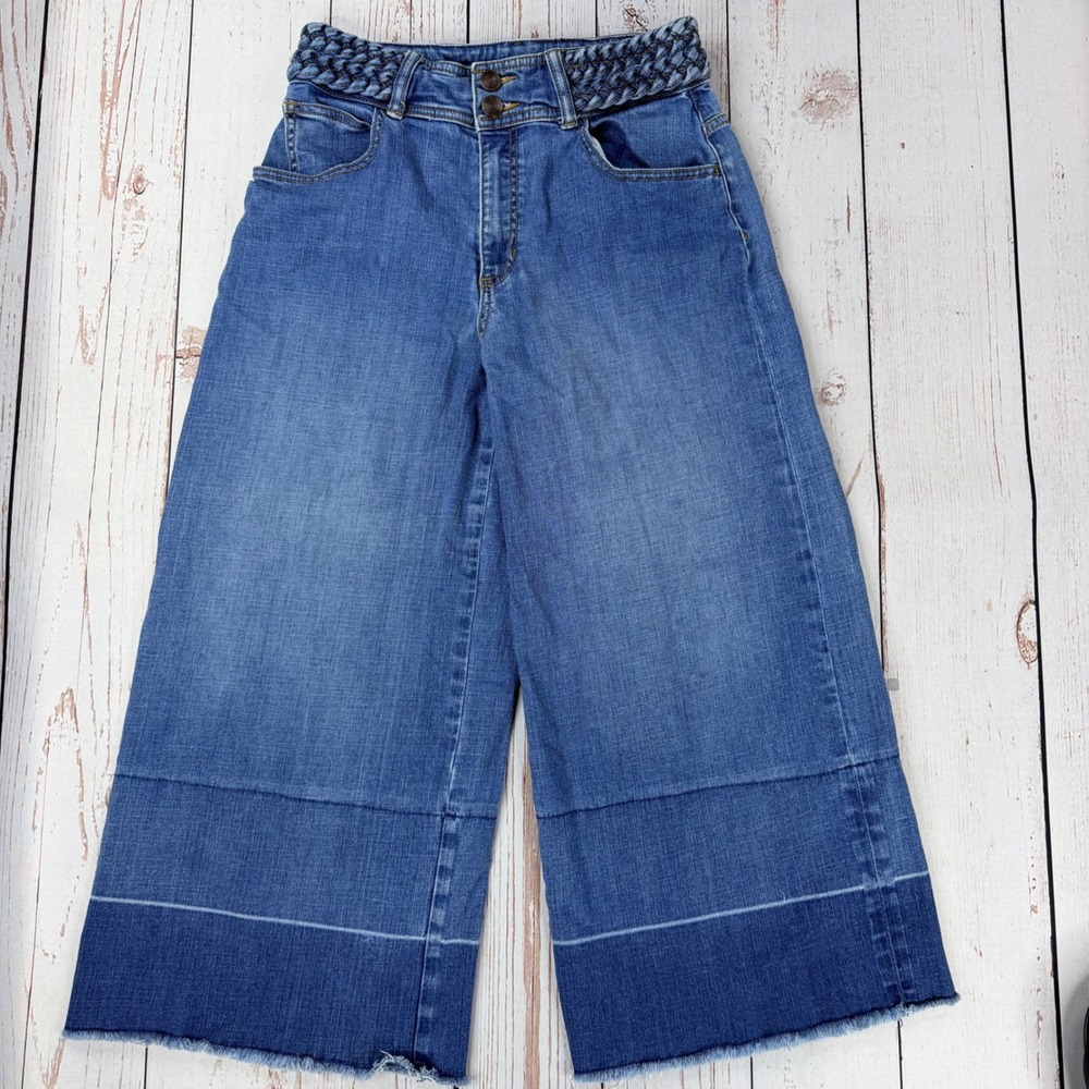 Olivia Palermo Chelsea28 Braided Waist Wide Leg Denim Culottes Blue Jeans Size 6